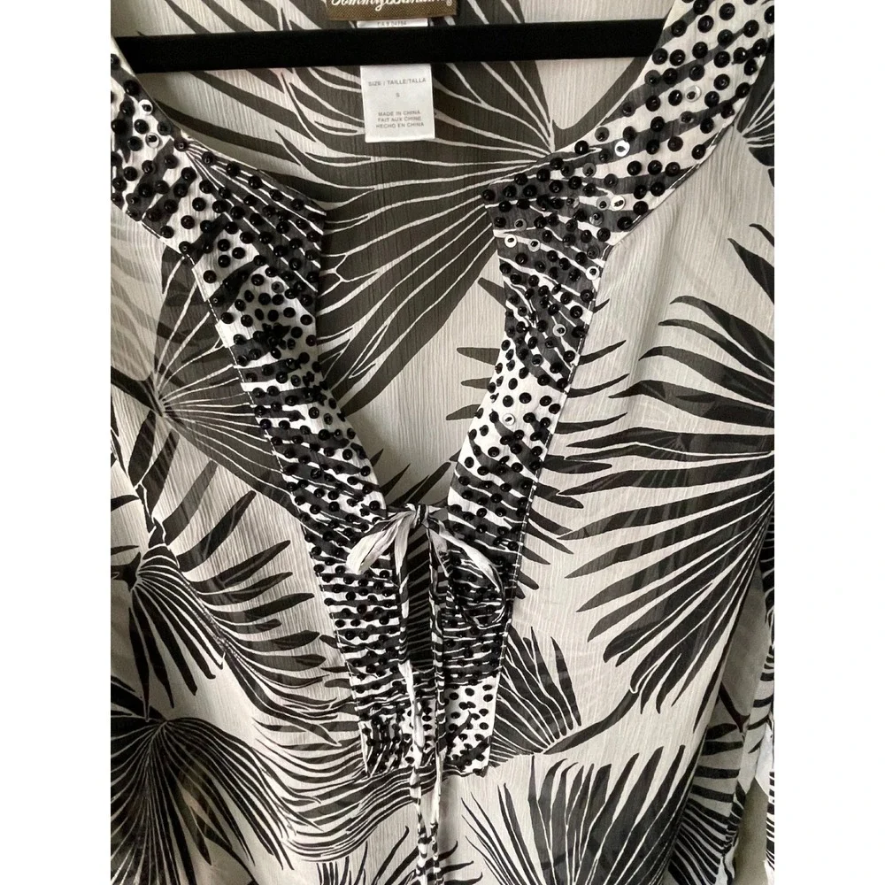 Tommy Bahama Black White Palm Leaf Sequin Cover Up Tunic TSW60712C Small